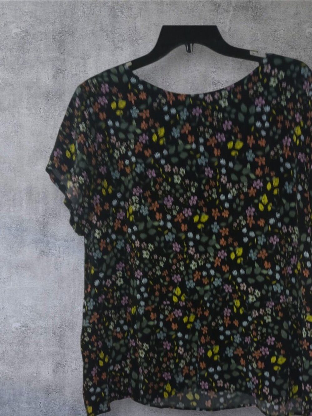 LOFT Floral Blouse Top XL Black Multicolor Short Sleeve